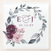 Elegant Modern Botanical Burgundy Floral Wedding ガラスコースター (正面)