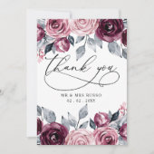 Elegant Modern Botanical Burgundy Floral Wedding サンキューカード (正面)