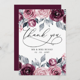 Elegant Modern Botanical Burgundy Floral Wedding サンキューカード