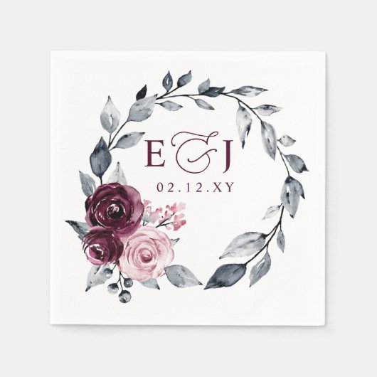 Elegant Modern Botanical Burgundy Floral Wedding スタンダードカクテルナプキン (正面)