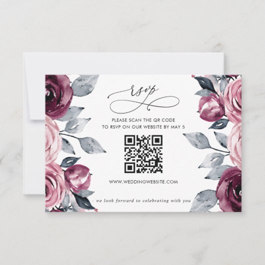 Elegant Modern Burgundy Floral QR CODE 出欠カード (正面)