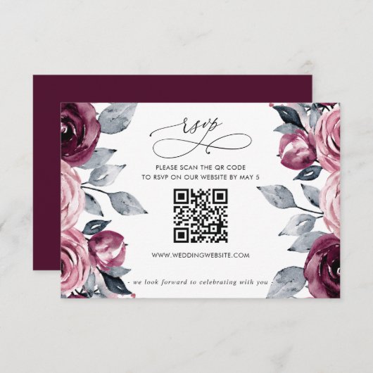 Elegant Modern Burgundy Floral QR CODE 出欠カード (正面/裏面)