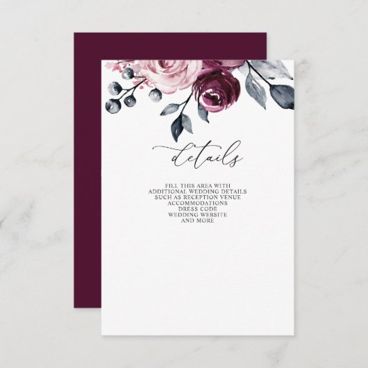 Elegant Modern Burgundy Floral Wedding エンクロージャーカード (正面/裏面)