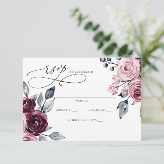 Elegant Modern Burgundy Floral Wedding 出欠カード (スタンド正面)