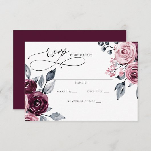 Elegant Modern Burgundy Floral Wedding 出欠カード (正面/裏面)