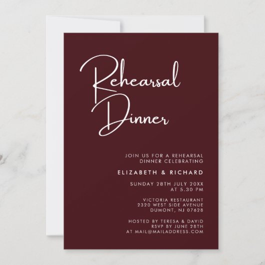 Elegant & Modern Burgundy Rehearsal Dinner 招待状 (正面)