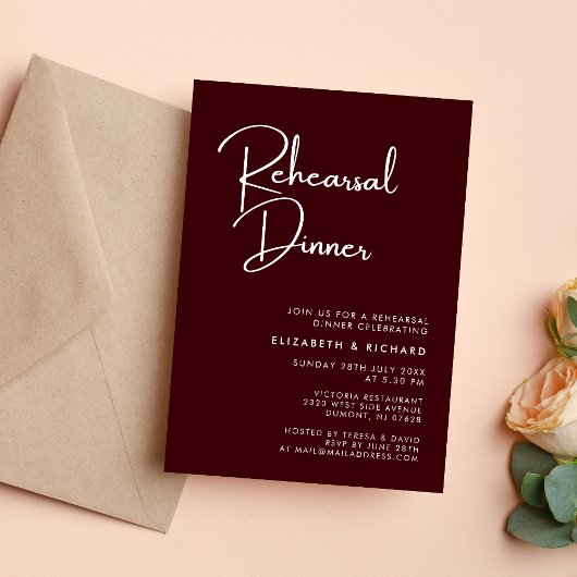 Elegant & Modern Burgundy Rehearsal Dinner 招待状