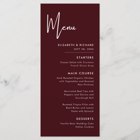 Elegant & Modern Burgundy Wedding Menu メニュー (正面)
