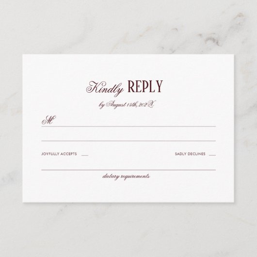Elegant Modern Burgundy Wedding Respond エンクロージャーカード (正面)
