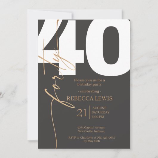 Elegant Modern Calligraphy 40th Adult Birthday 招待状 (正面)