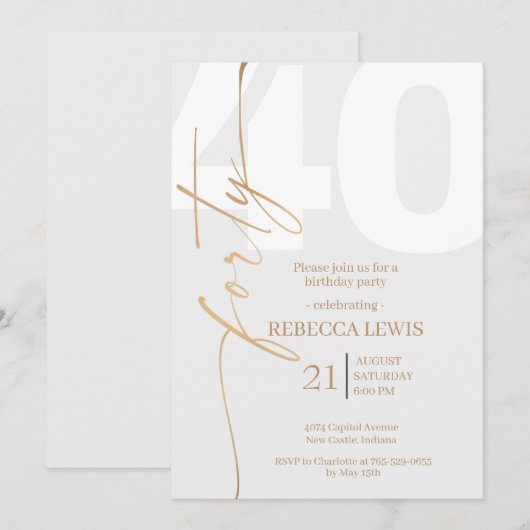 Elegant Modern Calligraphy 40th Adult Birthday 招待状 (正面/裏面)