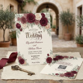 Elegant Modern Calligraphy Burgundy Rose QR Code 招待状