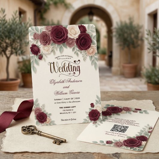 Elegant Modern Calligraphy Burgundy Rose QR Code 招待状