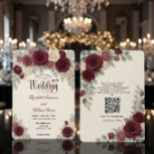 Elegant Modern Calligraphy Burgundy Rose QR Code 招待状