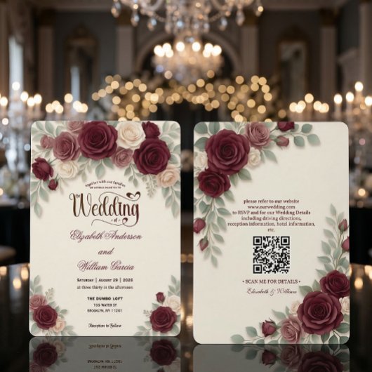 Elegant Modern Calligraphy Burgundy Rose QR Code 招待状
