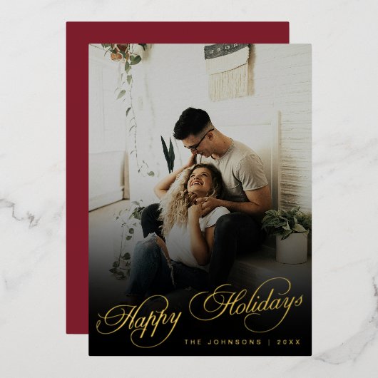 Elegant Modern Calligraphy Script Christmas Photo 箔シーズンカード (正面/裏面)