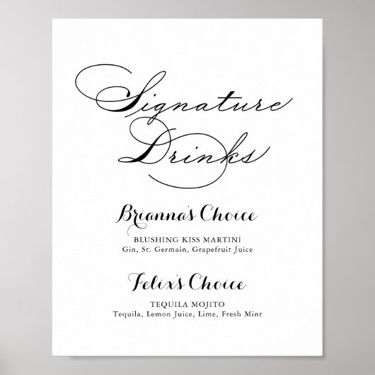 Elegant Modern Calligraphy Signature Drinks Sign ポスター (正面)