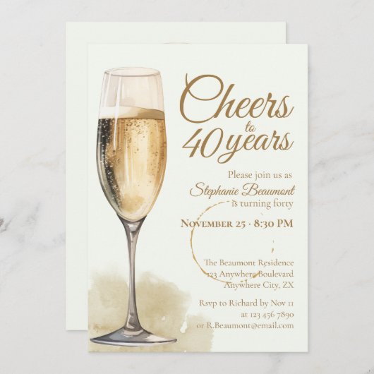 Elegant Modern Champagne Cheers 40th Birthday 招待状 (正面/裏面)