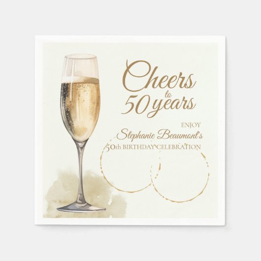 Elegant Modern Champagne Cheers 50th Birthday スタンダードカクテルナプキン (正面)