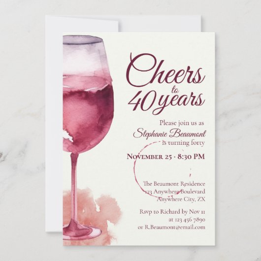 Elegant Modern Cheers Red Wine 40th Birthday Party 招待状 (正面)