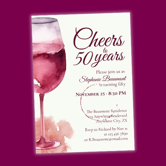 Elegant Modern Cheers Red Wine 50th Birthday Party 招待状
