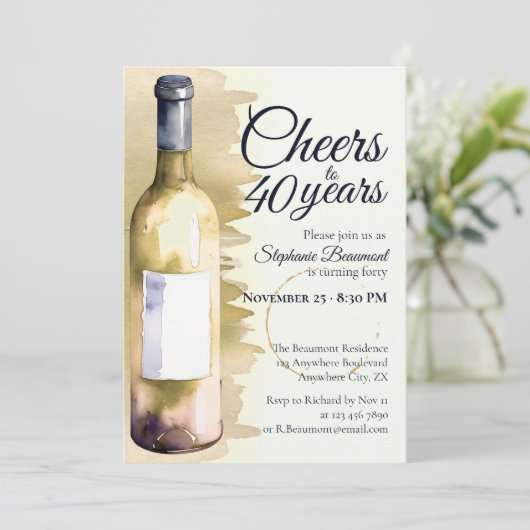 Elegant Modern Cheers White Wine 40th Birthday 招待状 (スタンド正面)