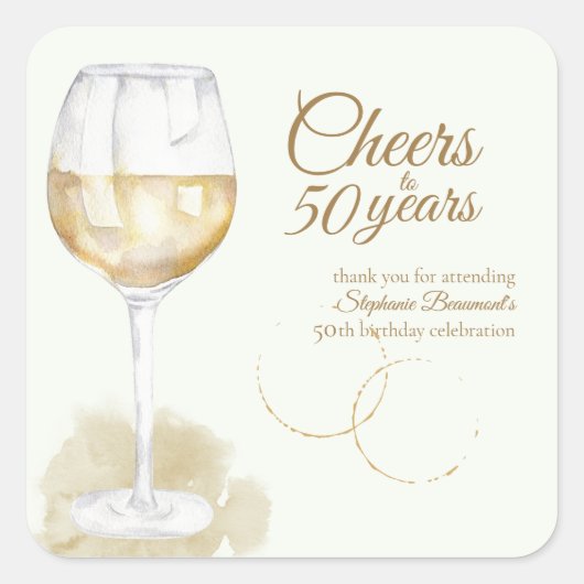Elegant Modern Cheers White Wine 50th Birthday スクエアシール (正面)