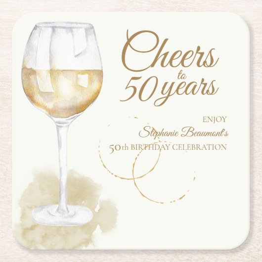 Elegant Modern Cheers White Wine 50th Birthday スクエアペーパーコースター (正面)
