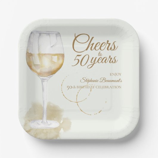 Elegant Modern Cheers White Wine 50th Birthday ペーパープレート (正面)