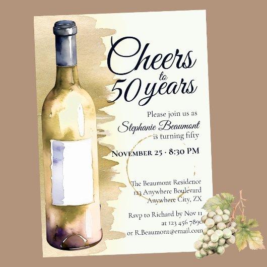 Elegant Modern Cheers White Wine 50th Birthday 招待状