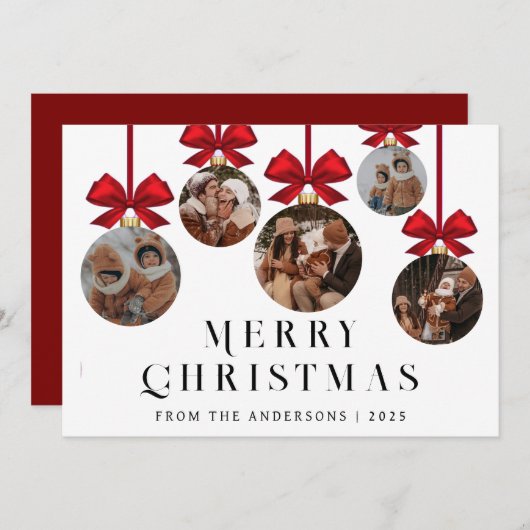 Elegant Modern Christmas Family 5 Ornament Photo シーズンカード (正面/裏面)