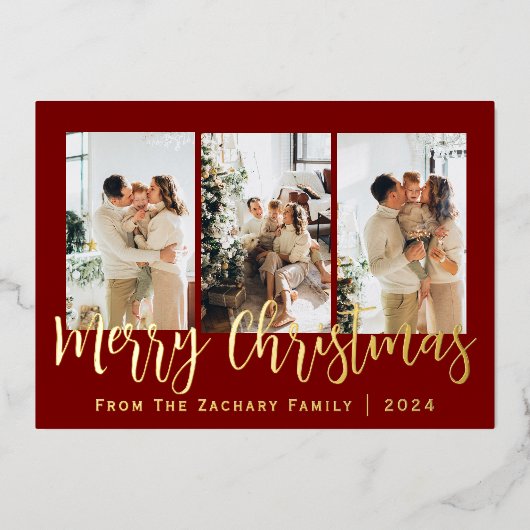 Elegant Modern Christmas Family Photo Collage  箔シーズンカード (正面)