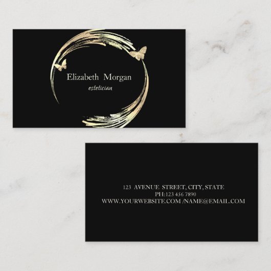 Elegant Modern Circle,Gold Butterfly Black 名刺 (正面/裏面)