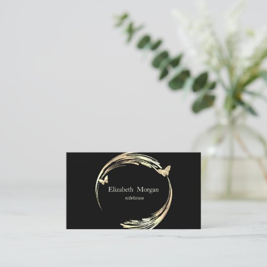 Elegant Modern Circle,Gold Butterfly Black 名刺 (スタンド正面)