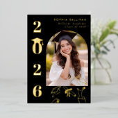 Elegant Modern Classic Graduation party Hand drawn 箔招待状 (立ち正面)