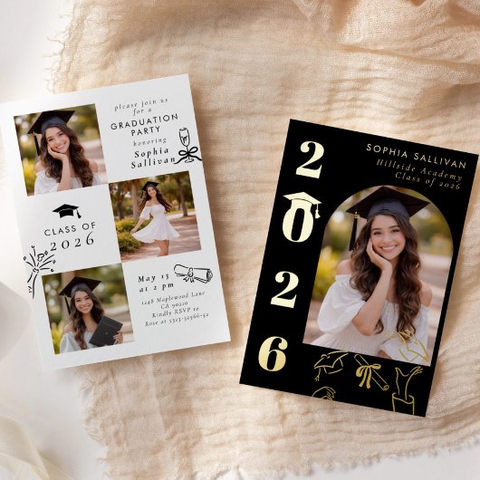 Elegant Modern Classic Graduation party Hand drawn 箔招待状