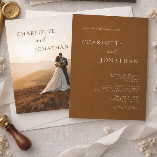 Elegant Modern dark copper brown Photo wedding 招待状