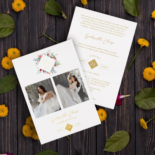 Elegant Modern Diamond Shape Mis XV años Floral  箔招待状