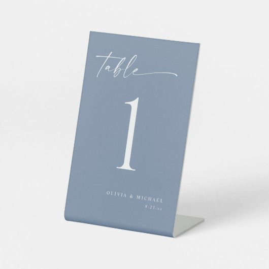 Elegant Modern Dusty Blue Wedding Table Numbers 台座サイン (正面)