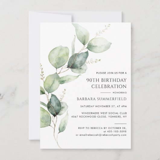Elegant Modern Eucalyptus 90th Birthday 招待状 (正面)
