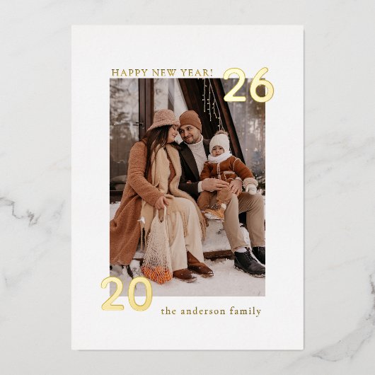 Elegant Modern Family Happy New Year 1 Photo 箔シーズンカード (正面)