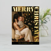 Elegant Modern Family Photo Black Merry Christmas 箔シーズンカード (立ち正面)