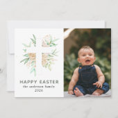 Elegant Modern Floral and Cross Happy Easter Photo シーズンカード (正面)