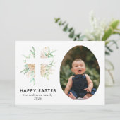 Elegant Modern Floral and Cross Happy Easter Photo シーズンカード (スタンド正面)