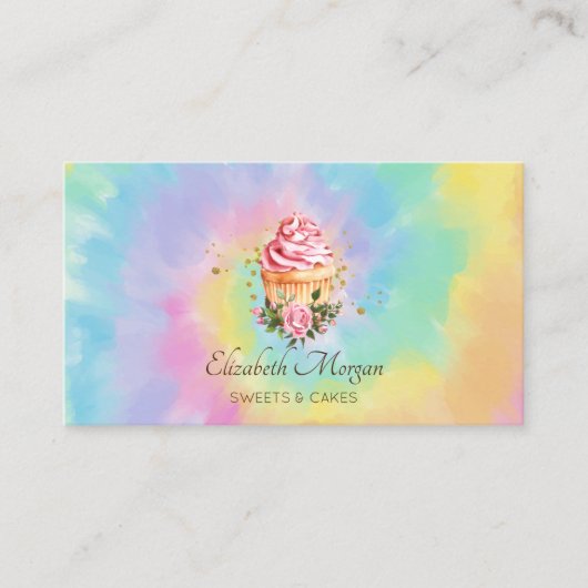 Elegant Modern Floral Cupcake Tie Dye Bakery 名刺 (正面)