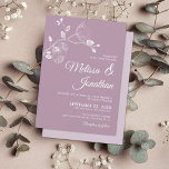 Elegant modern floral purple white orchids wedding 招待状<br><div class="desc">Create the perfect Wedding suite with this classy and simple wedding invitation featuring a beautiful and delicate white orchids line drawing design at the top, over an elegant minimalist dusty purple background. Easily edit the template fields to add the bride and groom names in a classy white script, and your...</div>