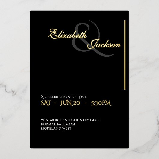 Elegant Modern Formal Black Wedding Gold 箔招待状 (正面)
