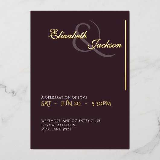 Elegant Modern Formal Plum Noir Wedding Gold 箔招待状 (正面)