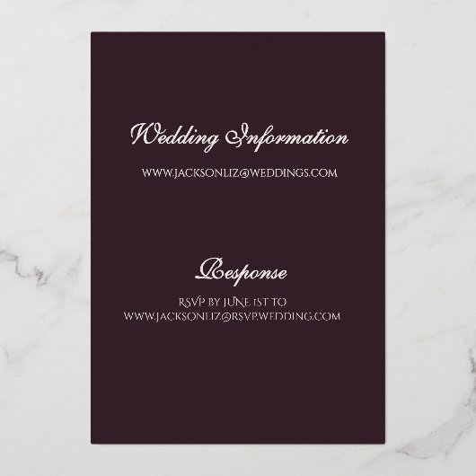 Elegant Modern Formal Plum Noir Wedding Gold 箔招待状 (裏面)