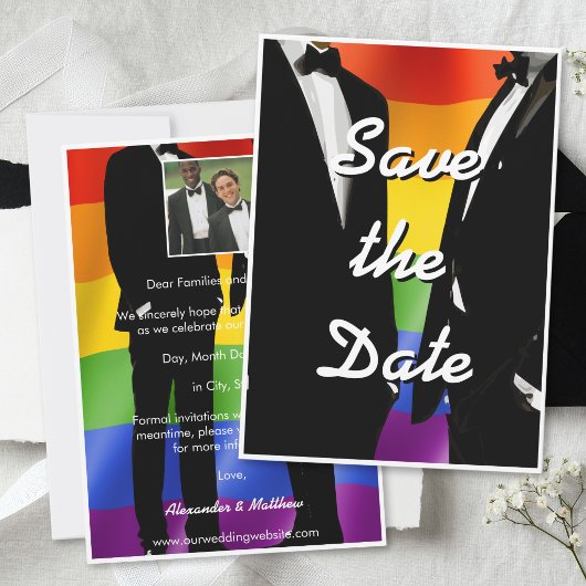 Elegant Modern Gay Men Wedding Photo Rainbow セーブザデート